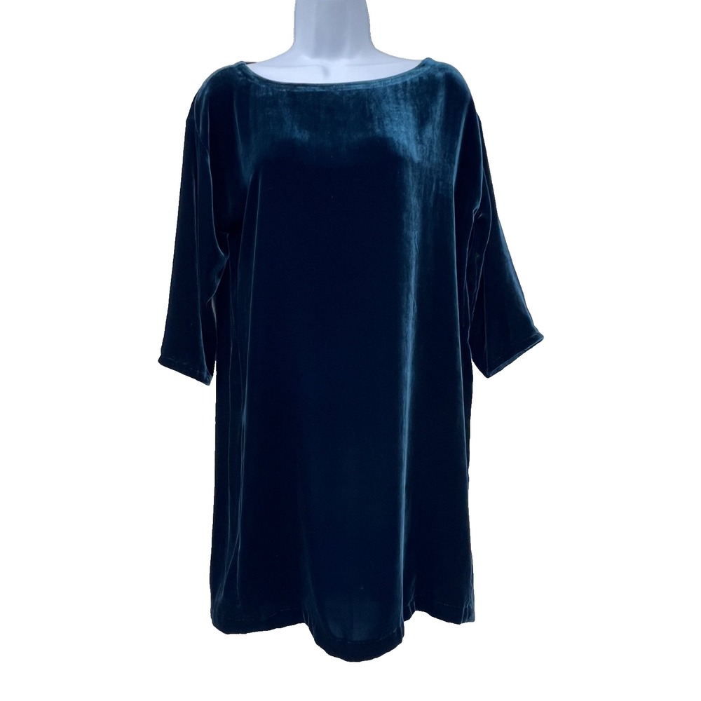 EILEEN FISHER Womens M* Dark Teal 3/4-Sleeve Boat Neck Velour Velvet Tunic Dress